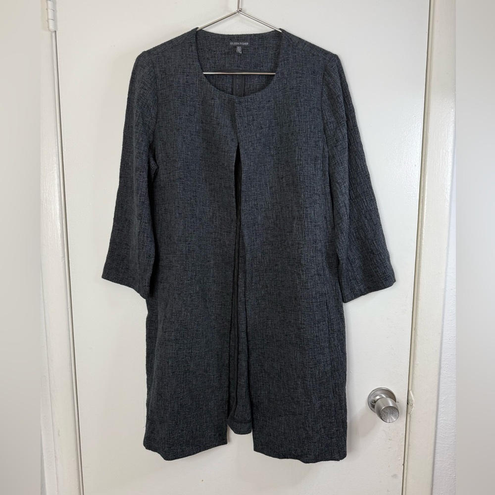 Eileen Fisher, black/grey textured open front two pocket jacket. M